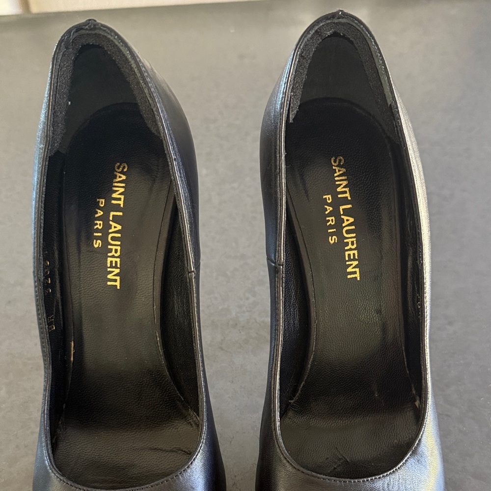💯 AUTHENTIC Saint Laurent Black Platform Heels with Gold Trim Black Size 38.5 - Picture 4 of 12